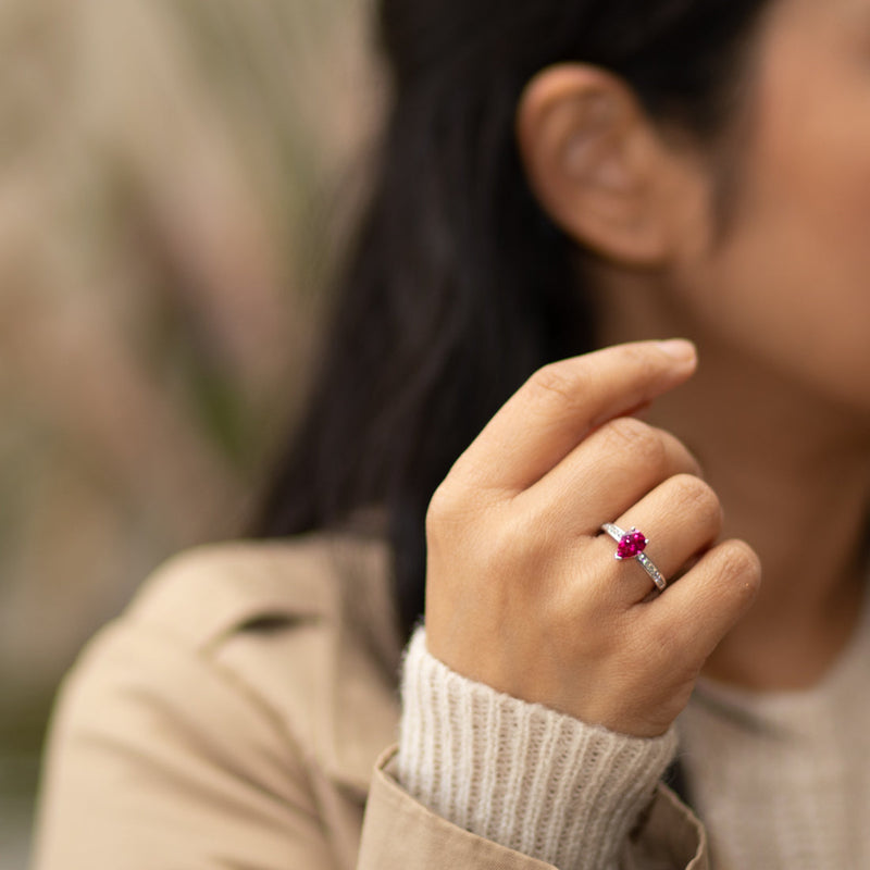 Created Ruby Pear Shape Sterling Silver Ring Size 7