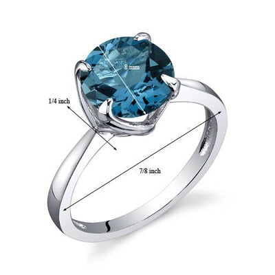 London Blue Topaz Ring Sterling Silver Round Shape 2.25 Carats