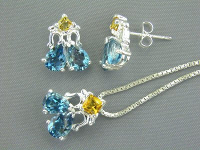 London Blue Topaz Citrine Pendant Earrings Set Sterling Silver 5.90 Carats