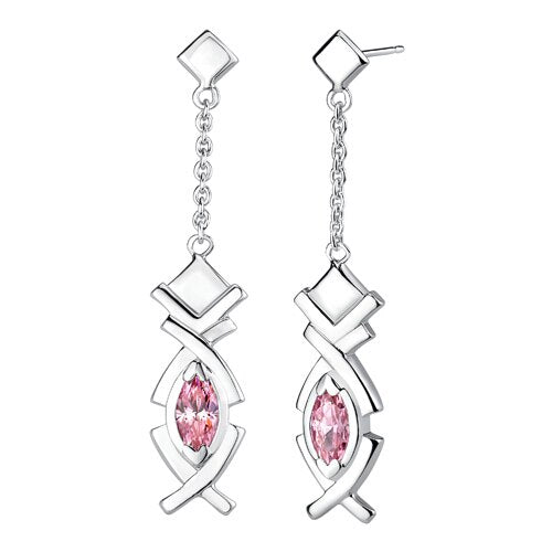 Pink Cubic Zirconia Pendant Earrings Set Sterling Silver Marquise Shape