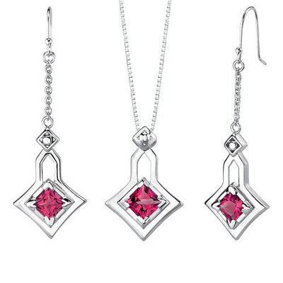 Created Ruby Pendant Earrings Set Sterling Silver Princess Cut 4.5 Carats total