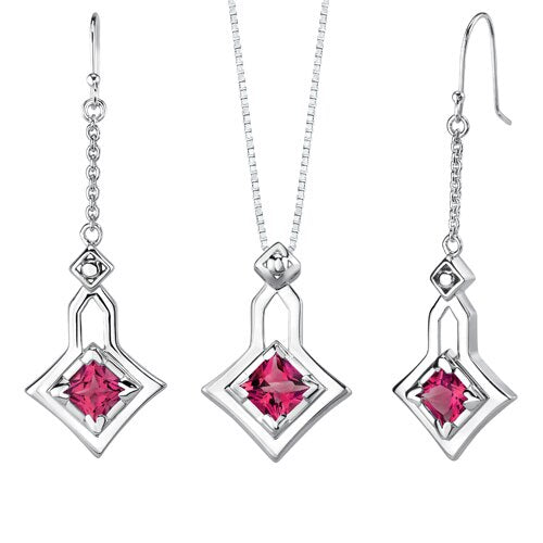 Created Ruby Pendant Earrings Set Sterling Silver Princess Cut 4.5 Carats total