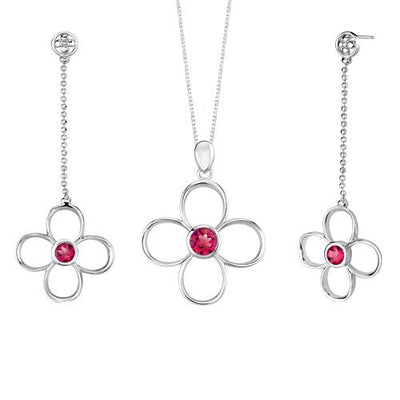 Ruby Pendant Earrings Set Sterling Silver Round Shape 3 Carats