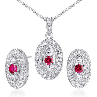 Created Ruby Pendant Earrings Set in Sterling Silver