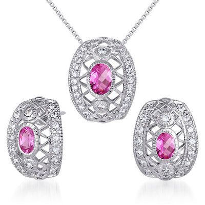 Created Pink Sapphire Pendant Earrings Set Sterling Silver