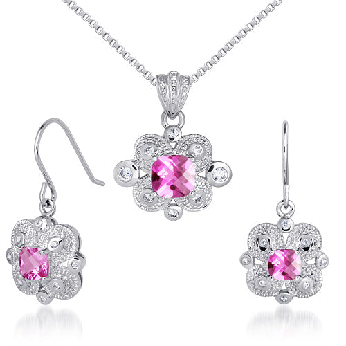 Created Pink Sapphire Pendant Earrings Set in Sterling Silver