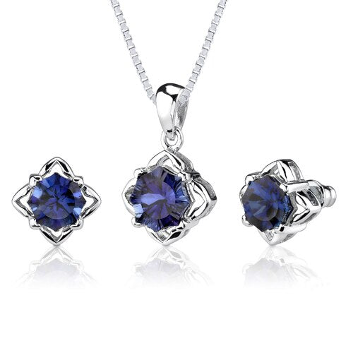 Blue Sapphire Pendant Earrings Set Sterling Silver Snowflake