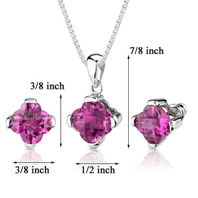 Created Pink Sapphire Pendant Earrings Set Sterling Silver Lily Cut 10.25 Carats