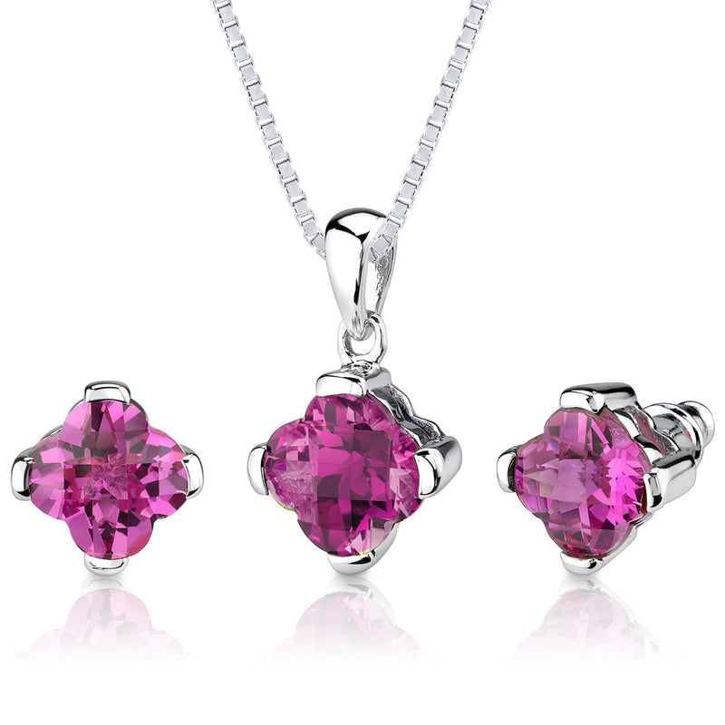 Created Pink Sapphire Pendant Earrings Set Sterling Silver Lily Cut 10.25 Carats