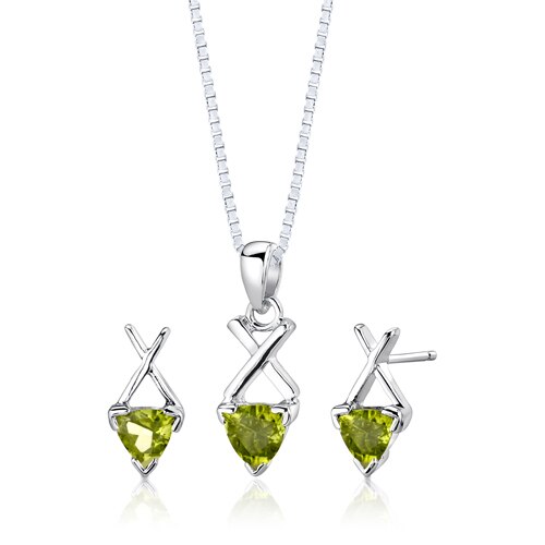 Peridot Pendant Earrings Set Sterling Silver Trillion 1.75 cts