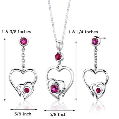 Ruby Pendant Earrings Set Sterling Silver Round Shape 1.5 carat