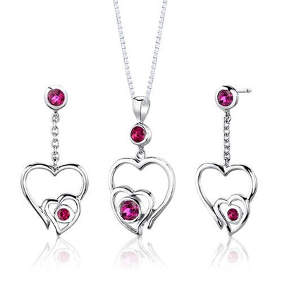 Ruby Pendant Earrings Set Sterling Silver Round Shape 1.5 carat