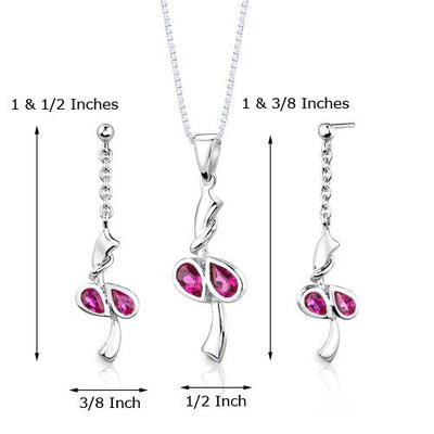 Ruby Pendant Earrings Set Sterling Silver Pear Shape 2 Carats