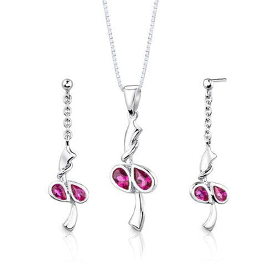 Ruby Pendant Earrings Set Sterling Silver Pear Shape 2 Carats