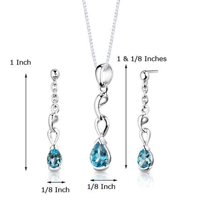 Swiss Blue Topaz Pendant Earrings Set Sterling Silver Pear