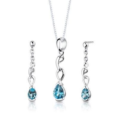 Swiss Blue Topaz Pendant Earrings Set Sterling Silver Pear