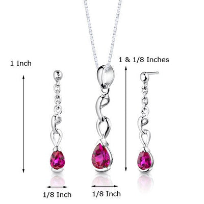 Ruby Pendant Earrings Set Sterling Silver Pear Shape 1.75 carat