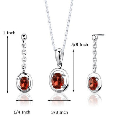 Garnet Pendant Earrings Set Sterling Silver Oval Shape 2 Carats