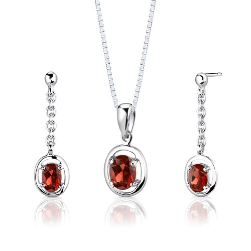 Garnet Pendant Earrings Set Sterling Silver Oval Shape 2 Carats