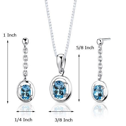 Swiss Blue Topaz Pendant Earrings Set Sterling Silver Oval