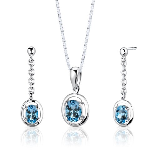 Swiss Blue Topaz Pendant Earrings Set Sterling Silver Oval