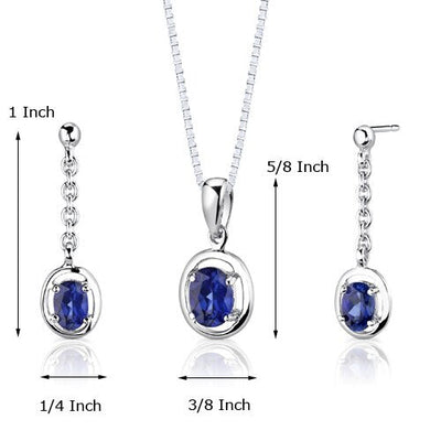 Blue Sapphire Pendant Earrings Set Sterling Silver Oval