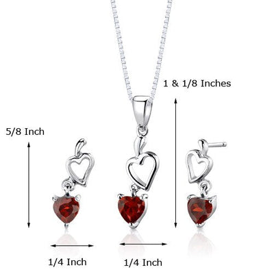 Garnet Pendant Earrings Set Sterling Silver Heart Shape 2 carat