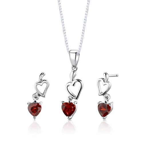 Garnet Pendant Earrings Set Sterling Silver Heart Shape 2 carat