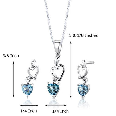 Swiss Blue Topaz Pendant Earrings Set Sterling Silver Heart