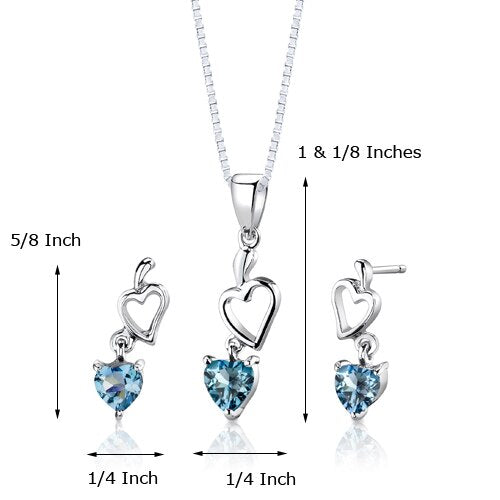 Swiss Blue Topaz Pendant Earrings Set Sterling Silver Heart