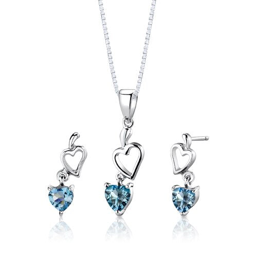 Swiss Blue Topaz Pendant Earrings Set Sterling Silver Heart