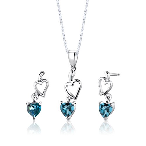 London Blue Topaz Pendant Earrings Set Sterling Silver Heart