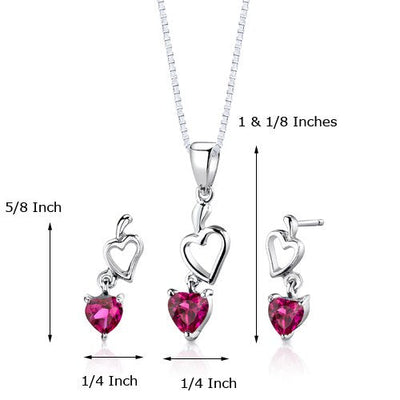 Ruby Pendant Earrings Set Sterling Silver Heart Shape 2 Carats