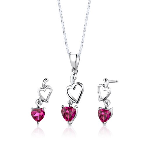 Ruby Pendant Earrings Set Sterling Silver Heart Shape 2 Carats