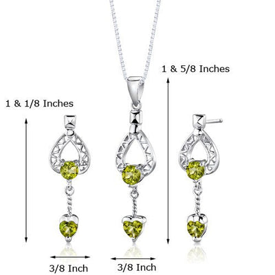 2 cts Heart Cut Peridot Sterling Silver Pendant Earrings Set