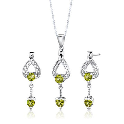 2 cts Heart Cut Peridot Sterling Silver Pendant Earrings Set