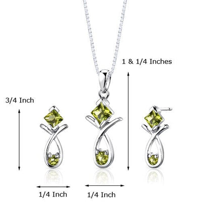 Peridot Pendant Earrings Set Sterling Silver Princess 2 Carats