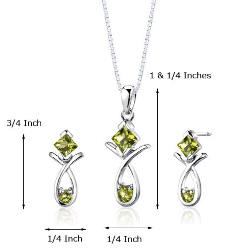 Peridot Pendant Earrings Set Sterling Silver Princess 2 Carats