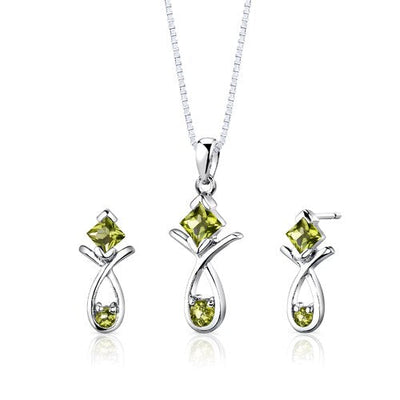 Peridot Pendant Earrings Set Sterling Silver Princess 2 Carats