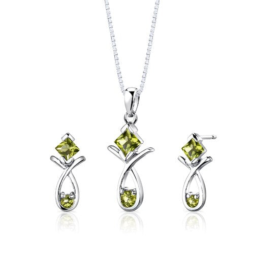 Peridot Pendant Earrings Set Sterling Silver Princess 2 Carats