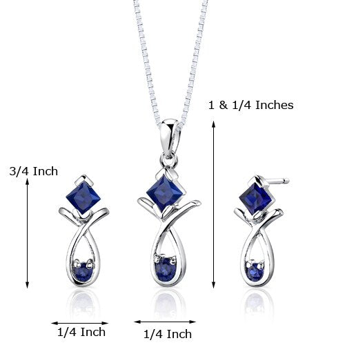 Blue Sapphire Pendant Earrings Set Sterling Silver Princess