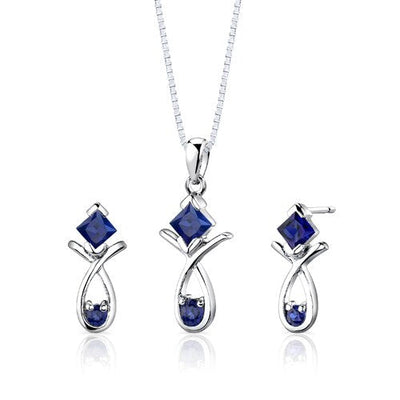 Blue Sapphire Pendant Earrings Set Sterling Silver Princess