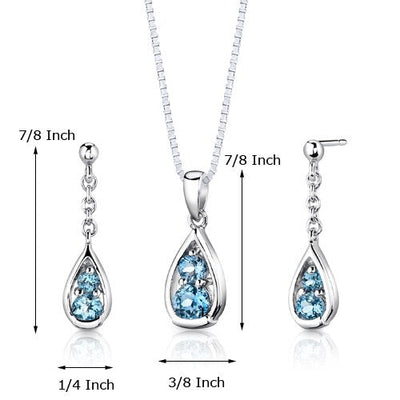 Swiss Blue Topaz Pendant Earrings Set Sterling Silver Round