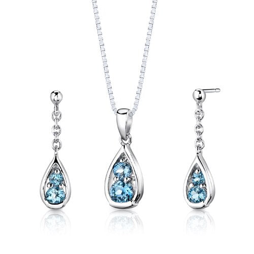 Swiss Blue Topaz Pendant Earrings Set Sterling Silver Round