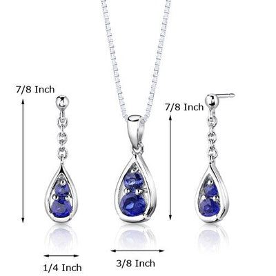 Blue Sapphire Pendant Earrings Set Sterling Silver Round