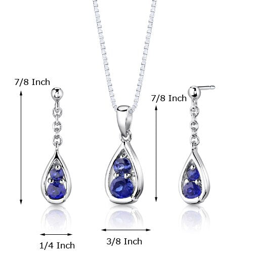 Blue Sapphire Pendant Earrings Set Sterling Silver Round