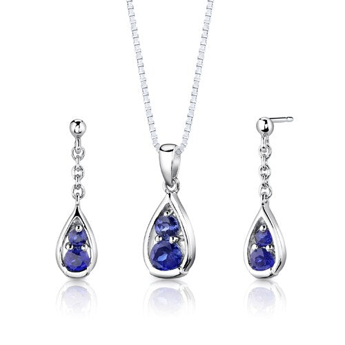 Blue Sapphire Pendant Earrings Set Sterling Silver Round