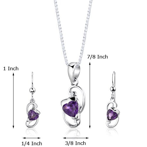 Amethyst Pendant Earrings Set Sterling Silver Heart 1.75 Carats