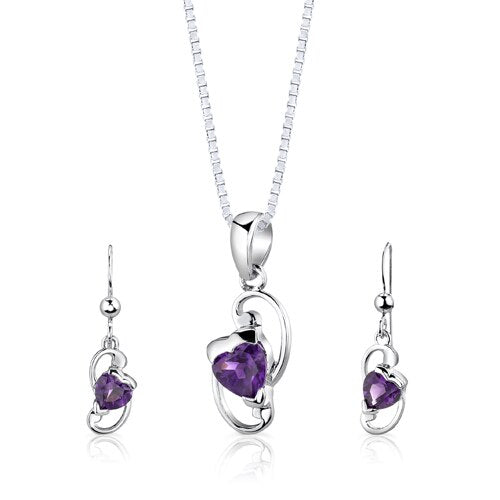 Amethyst Pendant Earrings Set Sterling Silver Heart 1.75 Carats