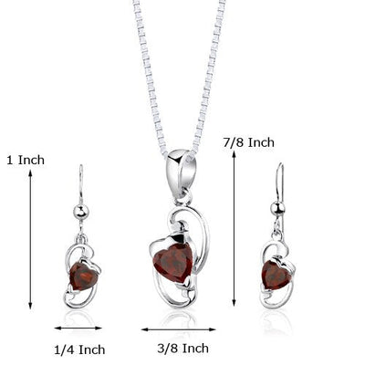 Garnet Pendant Earrings Set Sterling Silver Heart Shape 2 carat